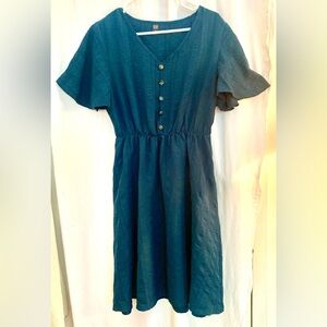 Emery Rose Dark Teal Midi Dress Faux Button Front Elastic Waist Size M